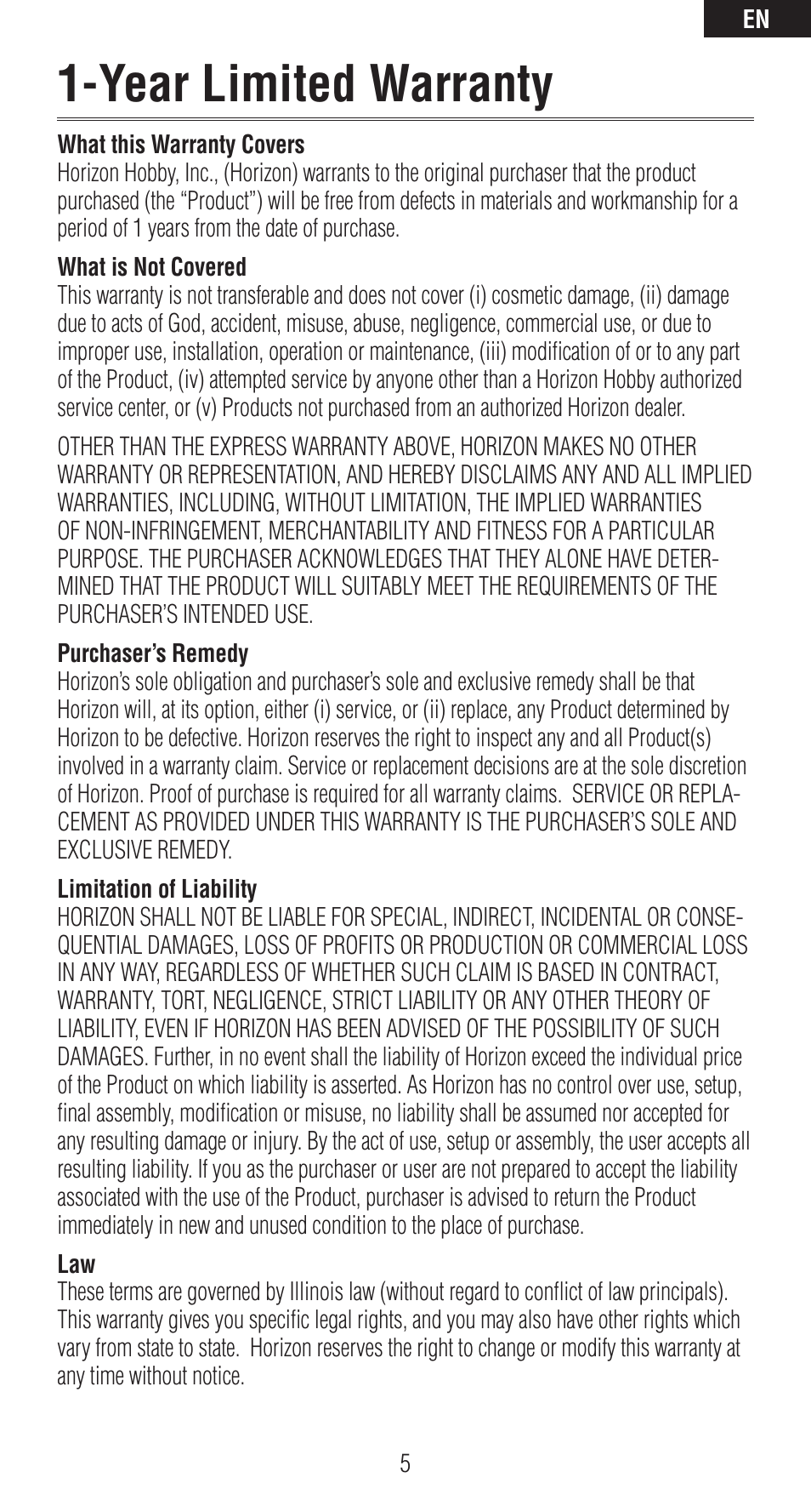 Year limited warranty | Spektrum SPM9540 User Manual | Page 5 / 28