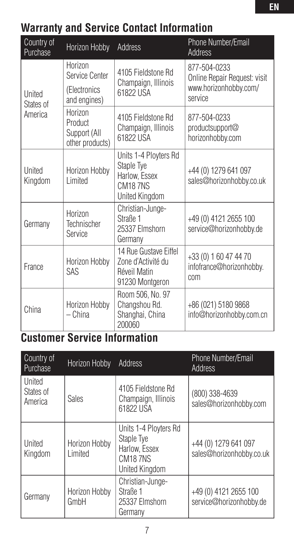 Warranty and service contact information, Customer service information | Spektrum SPM9540 User Manual | Page 7 / 28