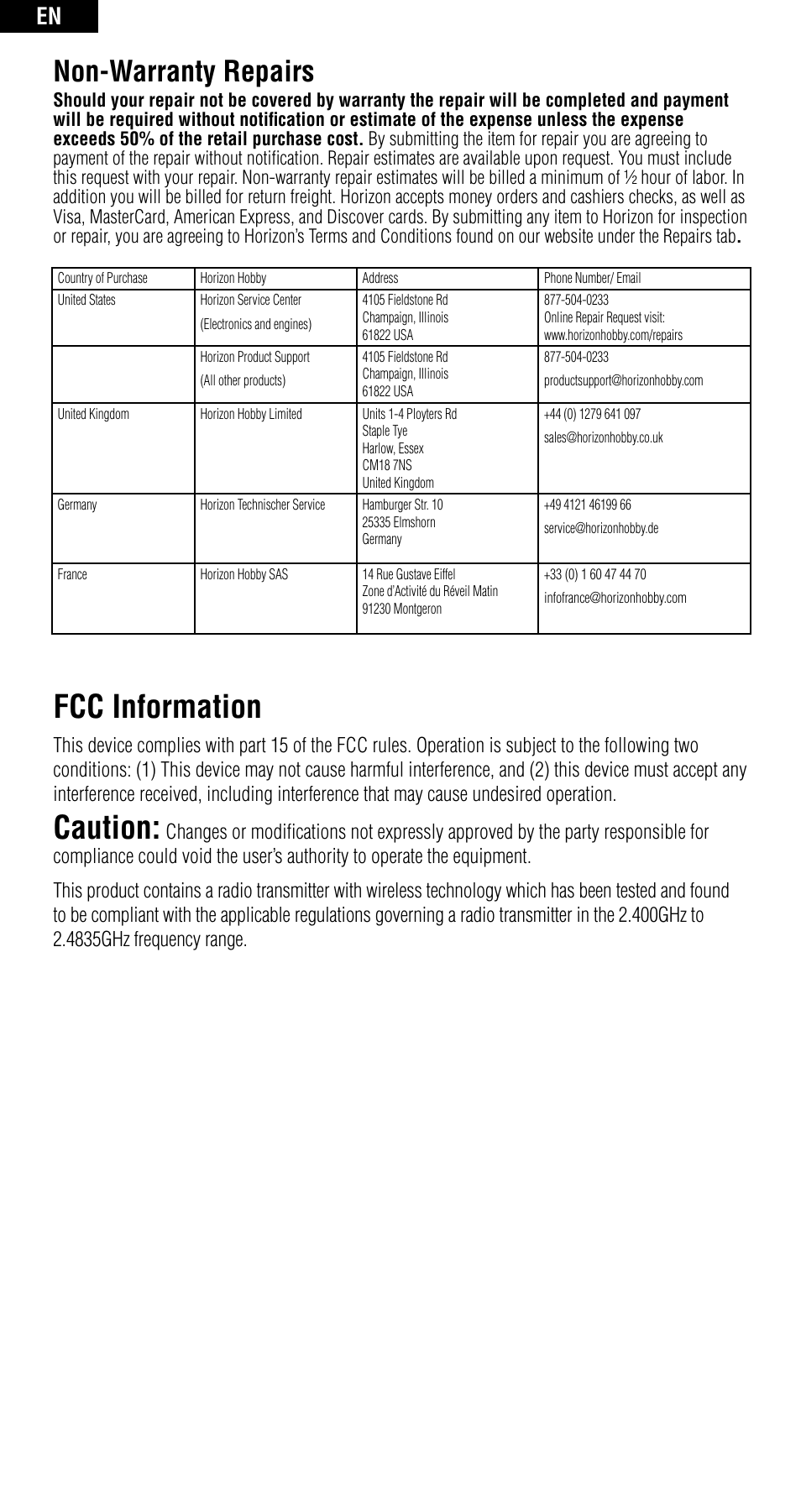 Fcc information, Caution, Non-warranty repairs | Spektrum SPMAR6210 User Manual | Page 10 / 44