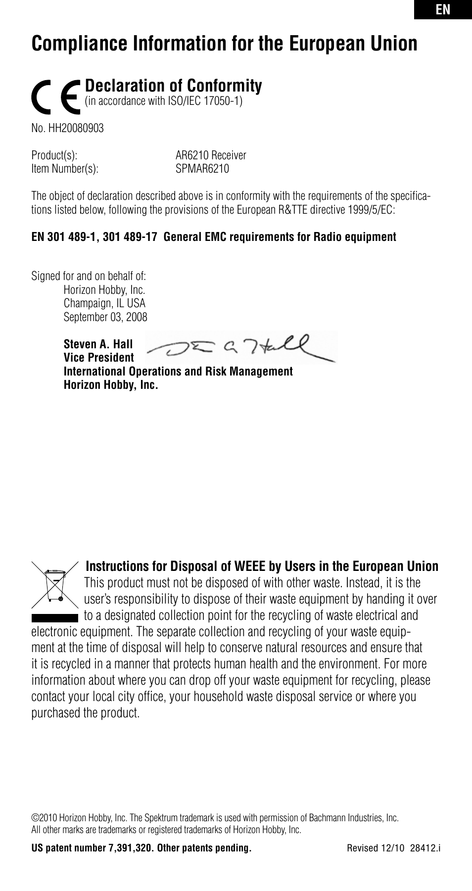Compliance information for the european union, Declaration of conformity | Spektrum SPMAR6210 User Manual | Page 11 / 44