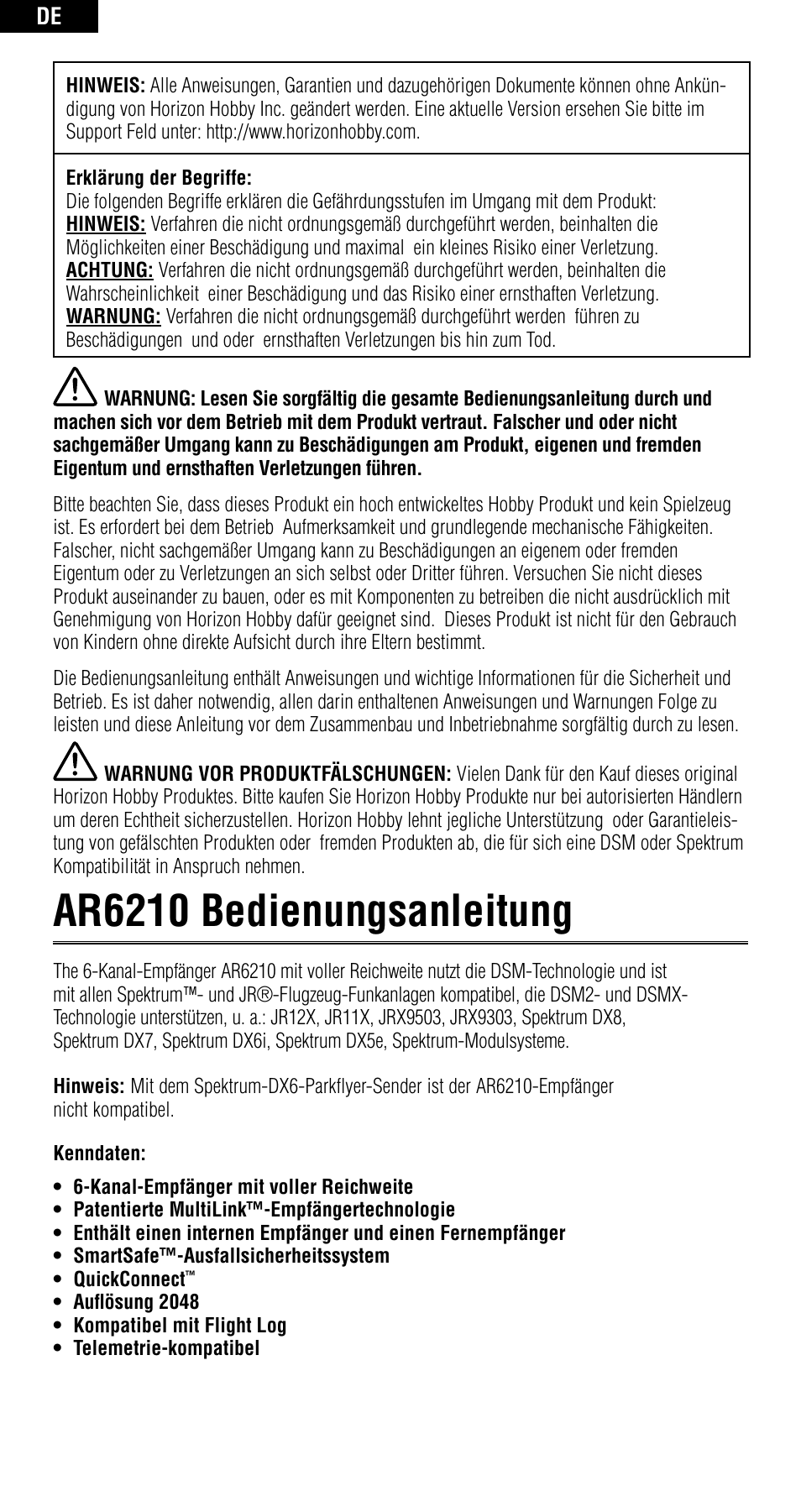 Ar6210 bedienungsanleitung | Spektrum SPMAR6210 User Manual | Page 12 / 44