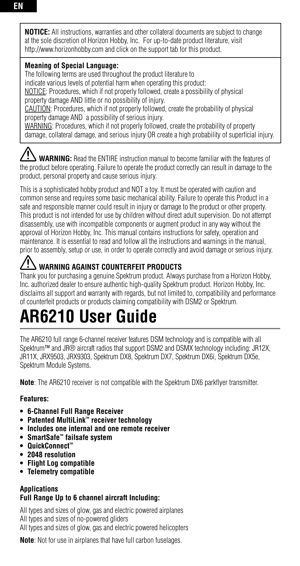 Ar6210 user guide | Spektrum SPMAR6210 User Manual | Page 2 / 44