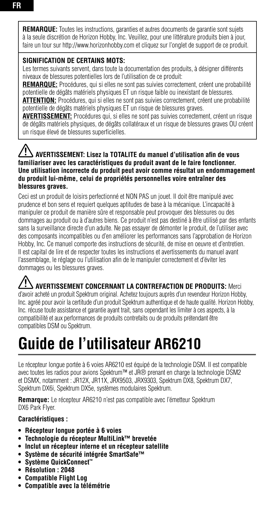 Guide de l’utilisateur, Ar6210 | Spektrum SPMAR6210 User Manual | Page 23 / 44