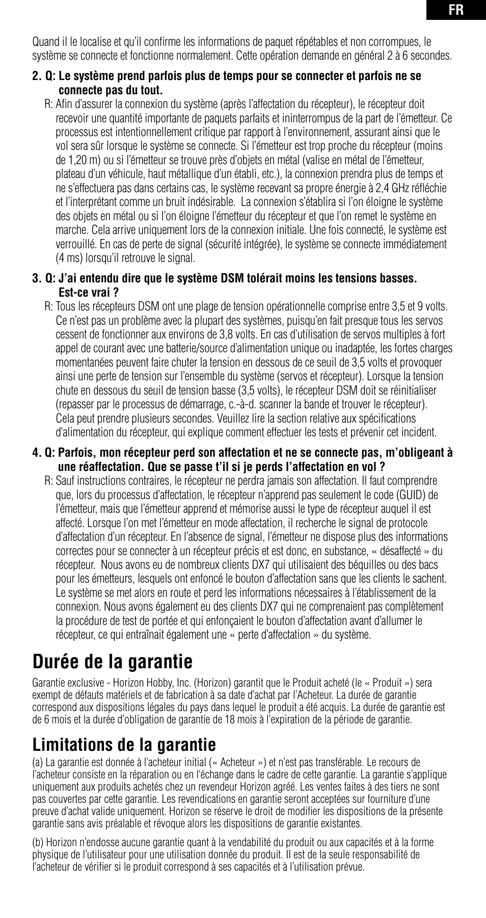Durée de la garantie, Limitations de la garantie | Spektrum SPMAR6210 User Manual | Page 30 / 44