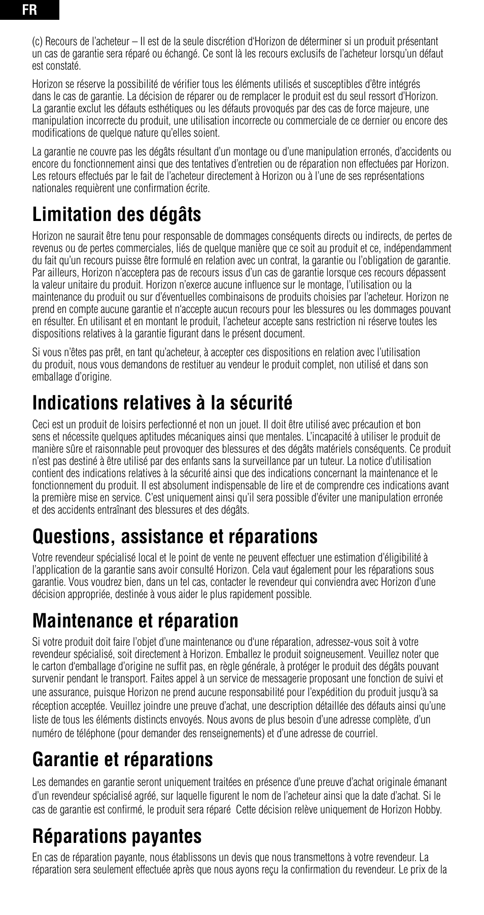 Limitation des dégâts, Indications relatives à la sécurité, Questions, assistance et réparations | Maintenance et réparation, Garantie et réparations, Réparations payantes | Spektrum SPMAR6210 User Manual | Page 31 / 44