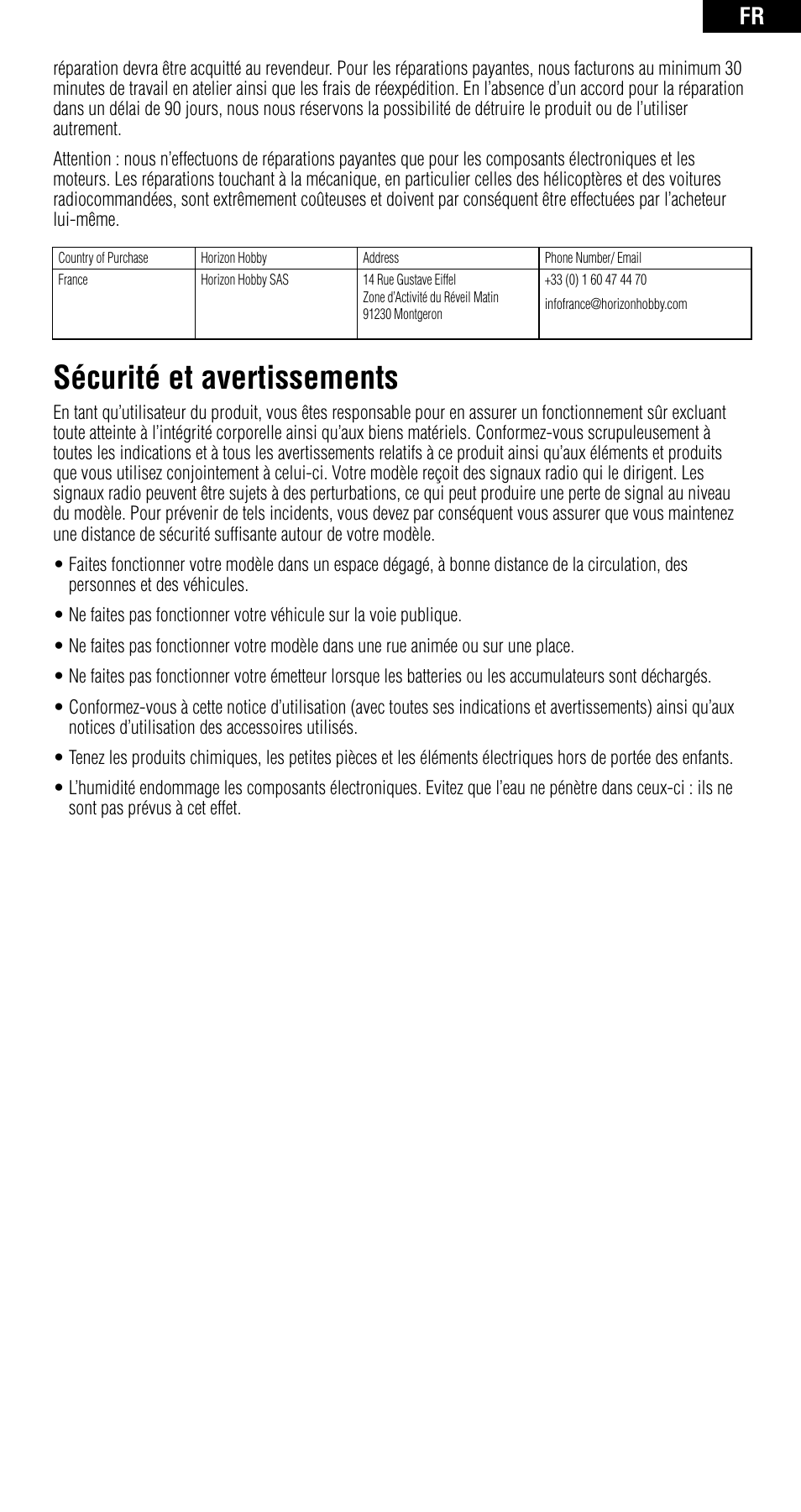 Sécurité et avertissements | Spektrum SPMAR6210 User Manual | Page 32 / 44