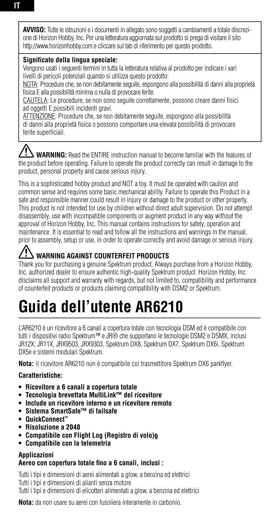 Guida dell’utente, Ar6210 | Spektrum SPMAR6210 User Manual | Page 34 / 44