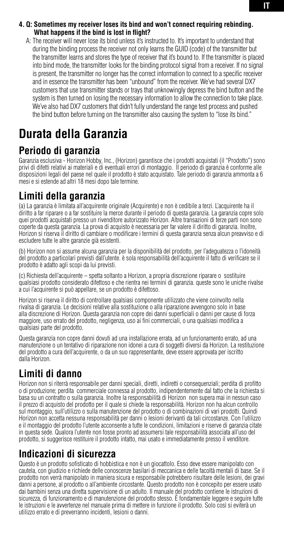 Durata della garanzia, Periodo di garanzia, Limiti della garanzia | Limiti di danno, Indicazioni di sicurezza | Spektrum SPMAR6210 User Manual | Page 41 / 44