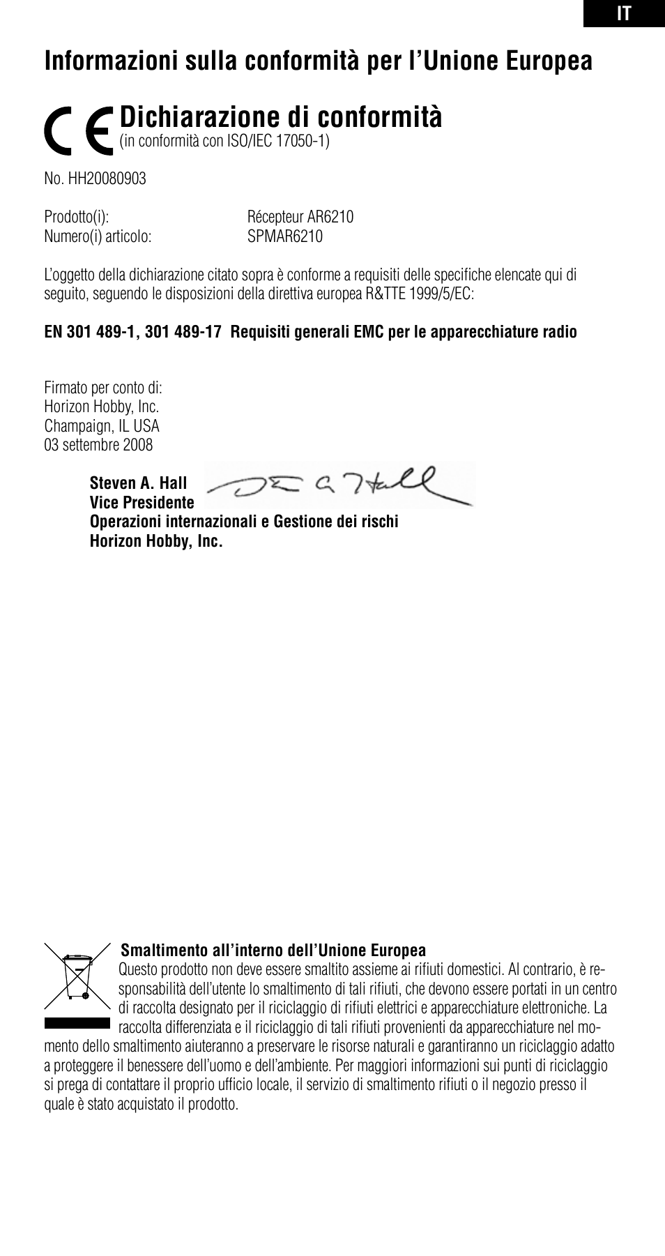 Dichiarazione di conformità, Informazioni sulla conformità per l’unione europea | Spektrum SPMAR6210 User Manual | Page 43 / 44