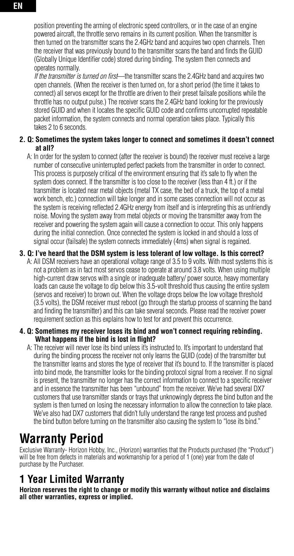 Warranty period, 1 year limited warranty | Spektrum SPMAR6210 User Manual | Page 8 / 44