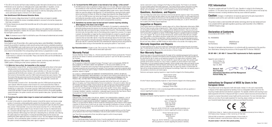Fcc information, Caution, Declaration of conformity | Questions, assistance, and repairs, Inspection or repairs, Warranty inspection and repairs, Non-warranty repairs, Warranty period, Limited warranty, Damage limits | Spektrum SPMAR6200 User Manual | Page 2 / 2