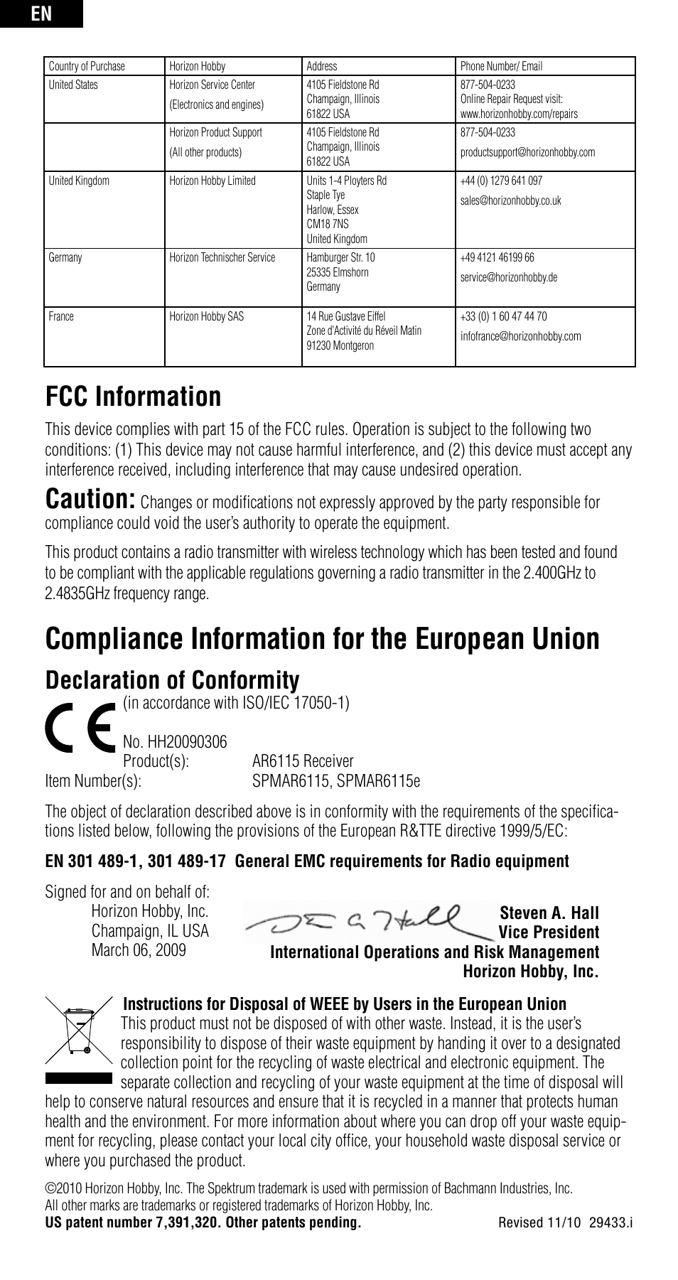 Compliance information for the european union, Fcc information, Caution | Declaration of conformity | Spektrum SPMAR6115 User Manual | Page 10 / 40
