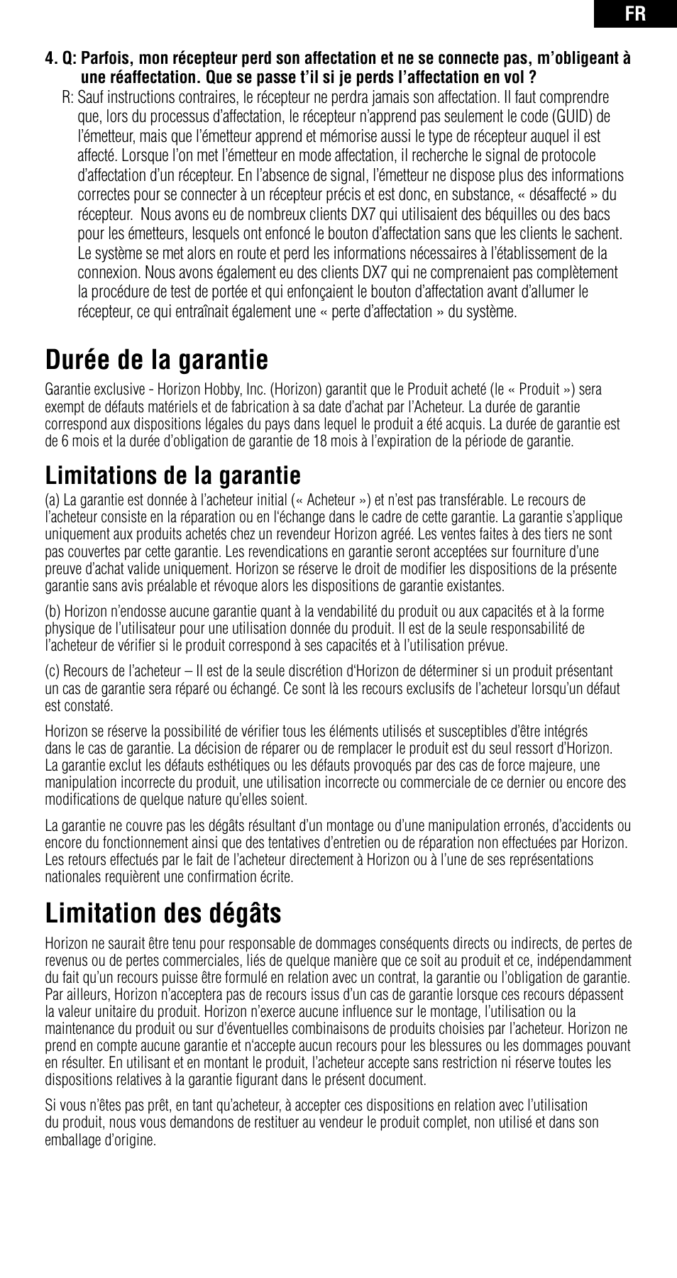Durée de la garantie, Limitation des dégâts, Limitations de la garantie | Spektrum SPMAR6115 User Manual | Page 28 / 40