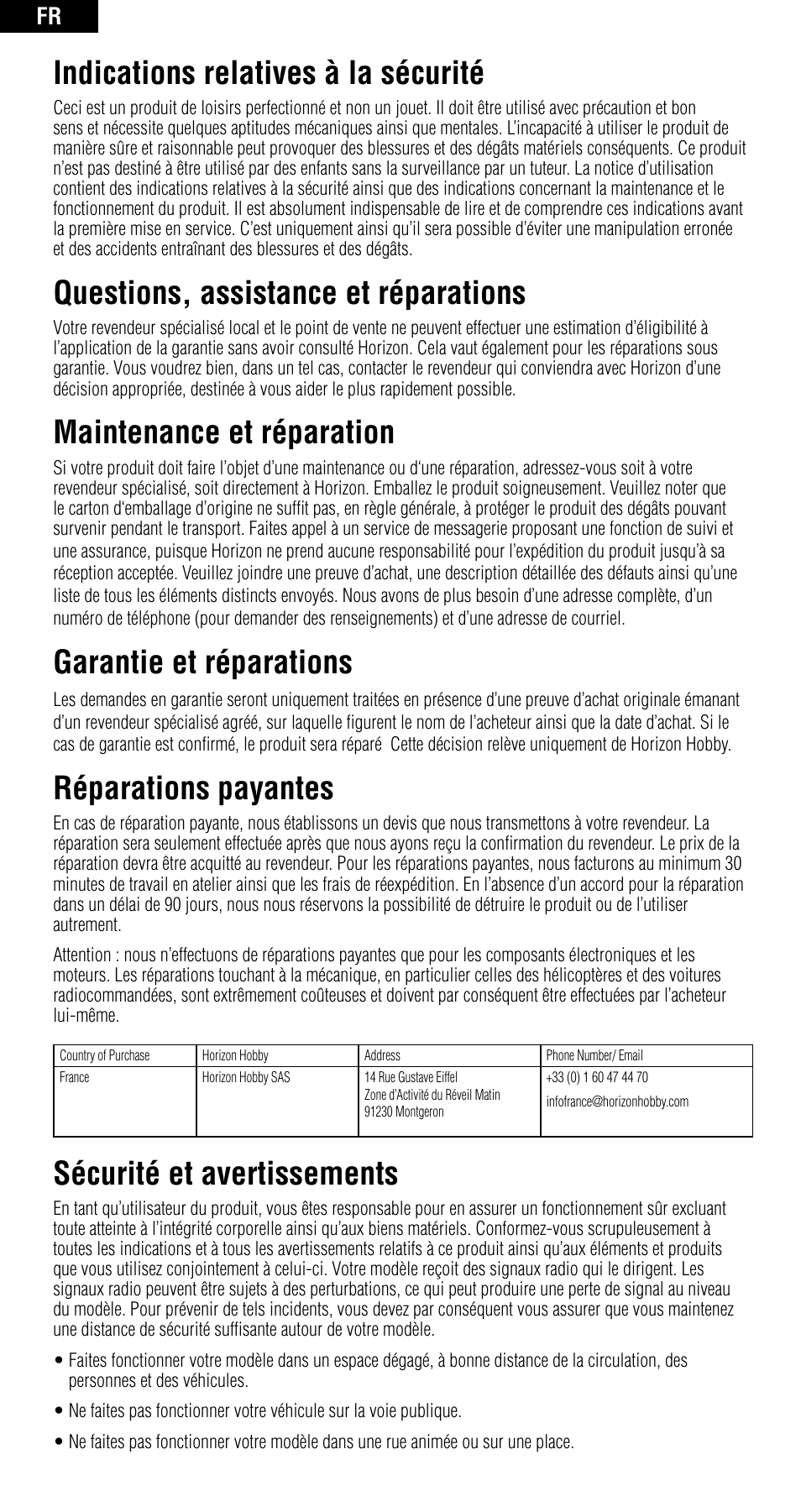 Indications relatives à la sécurité, Questions, assistance et réparations, Maintenance et réparation | Garantie et réparations, Réparations payantes, Sécurité et avertissements | Spektrum SPMAR6115 User Manual | Page 29 / 40