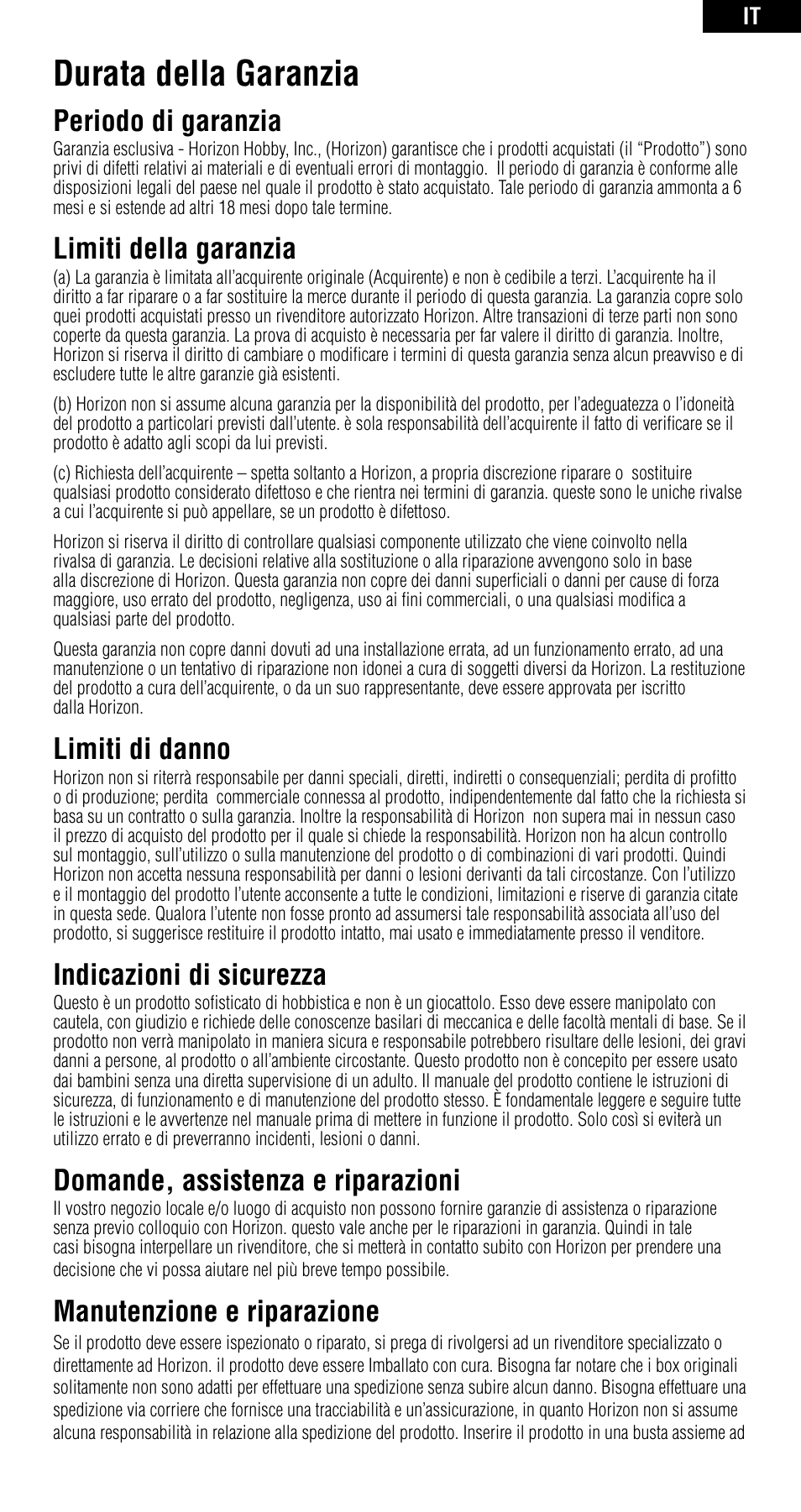 Durata della garanzia, Periodo di garanzia, Limiti della garanzia | Limiti di danno, Indicazioni di sicurezza, Domande, assistenza e riparazioni, Manutenzione e riparazione | Spektrum SPMAR6115 User Manual | Page 38 / 40
