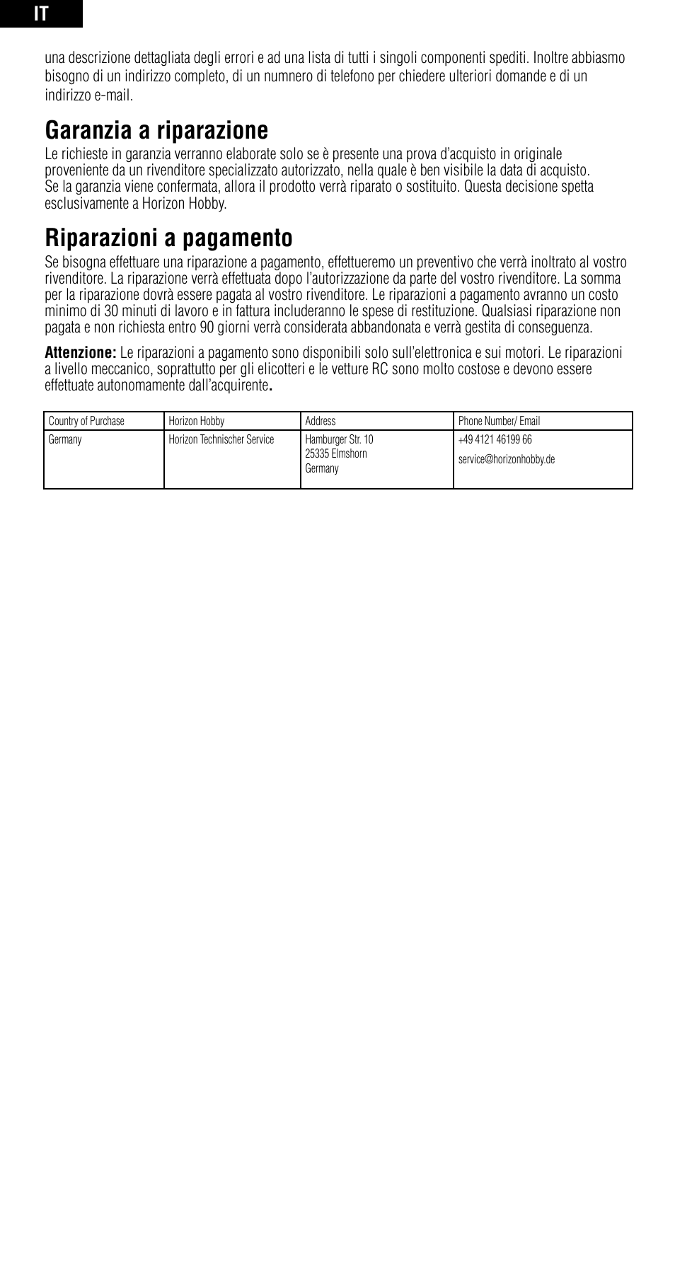 Garanzia a riparazione, Riparazioni a pagamento | Spektrum SPMAR6115 User Manual | Page 39 / 40