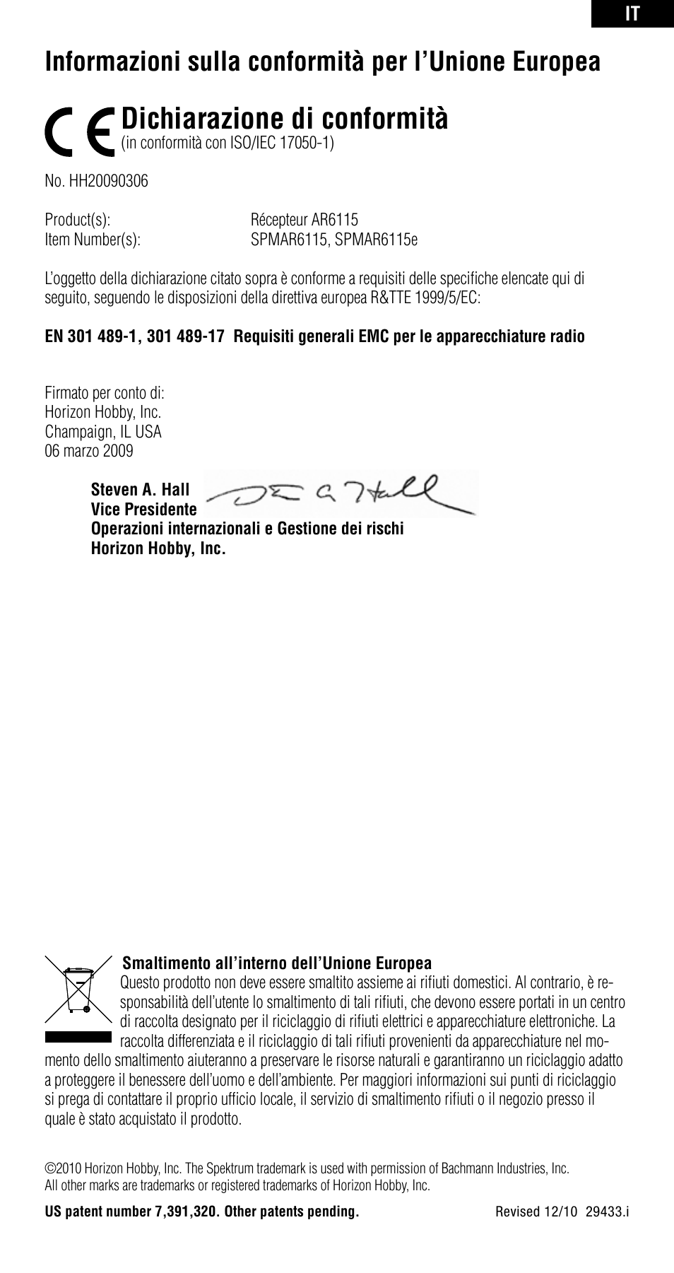 Dichiarazione di conformità, Informazioni sulla conformità per l’unione europea | Spektrum SPMAR6115 User Manual | Page 40 / 40