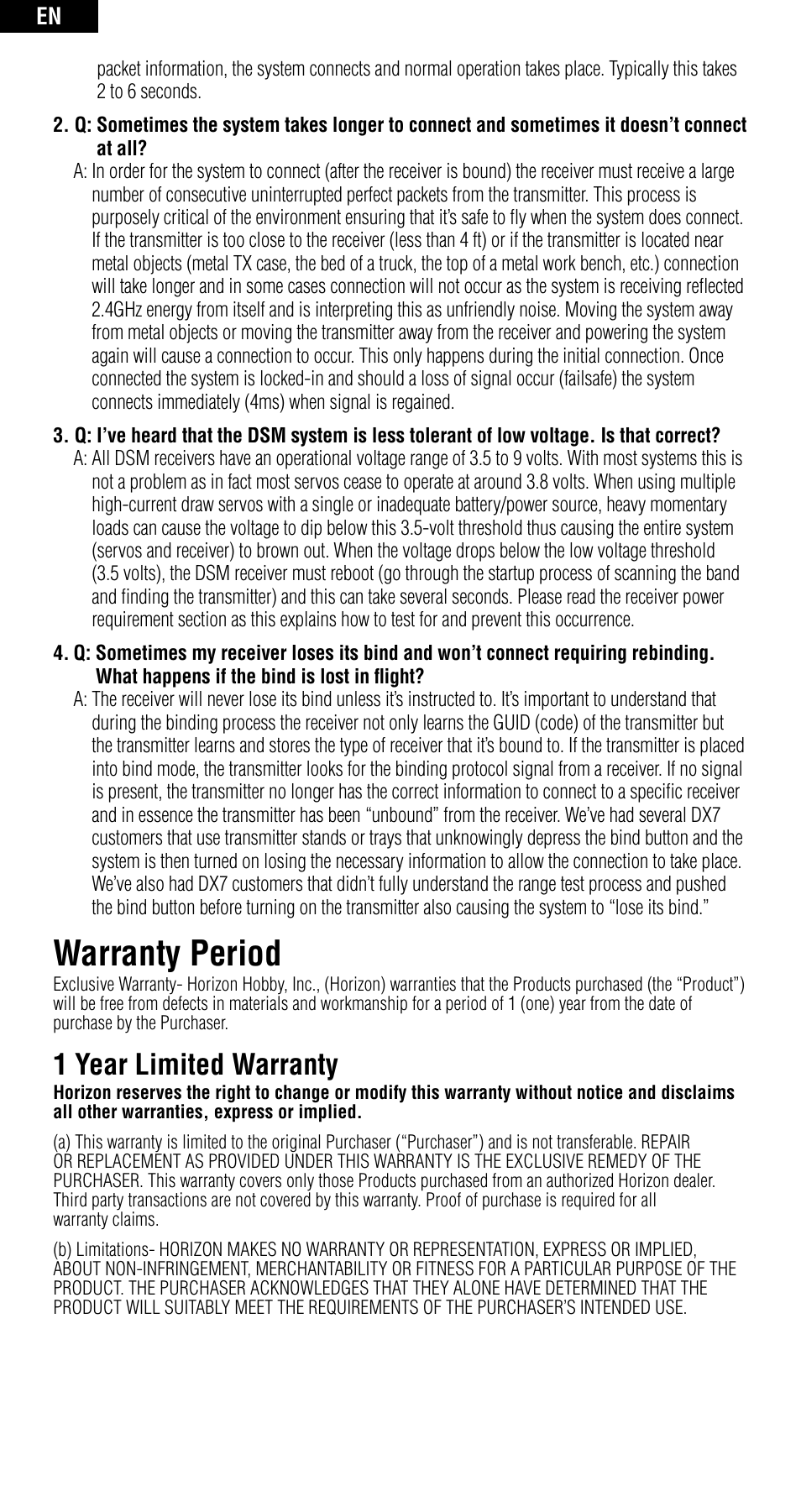 Warranty period, 1 year limited warranty | Spektrum SPMAR6115 User Manual | Page 8 / 40