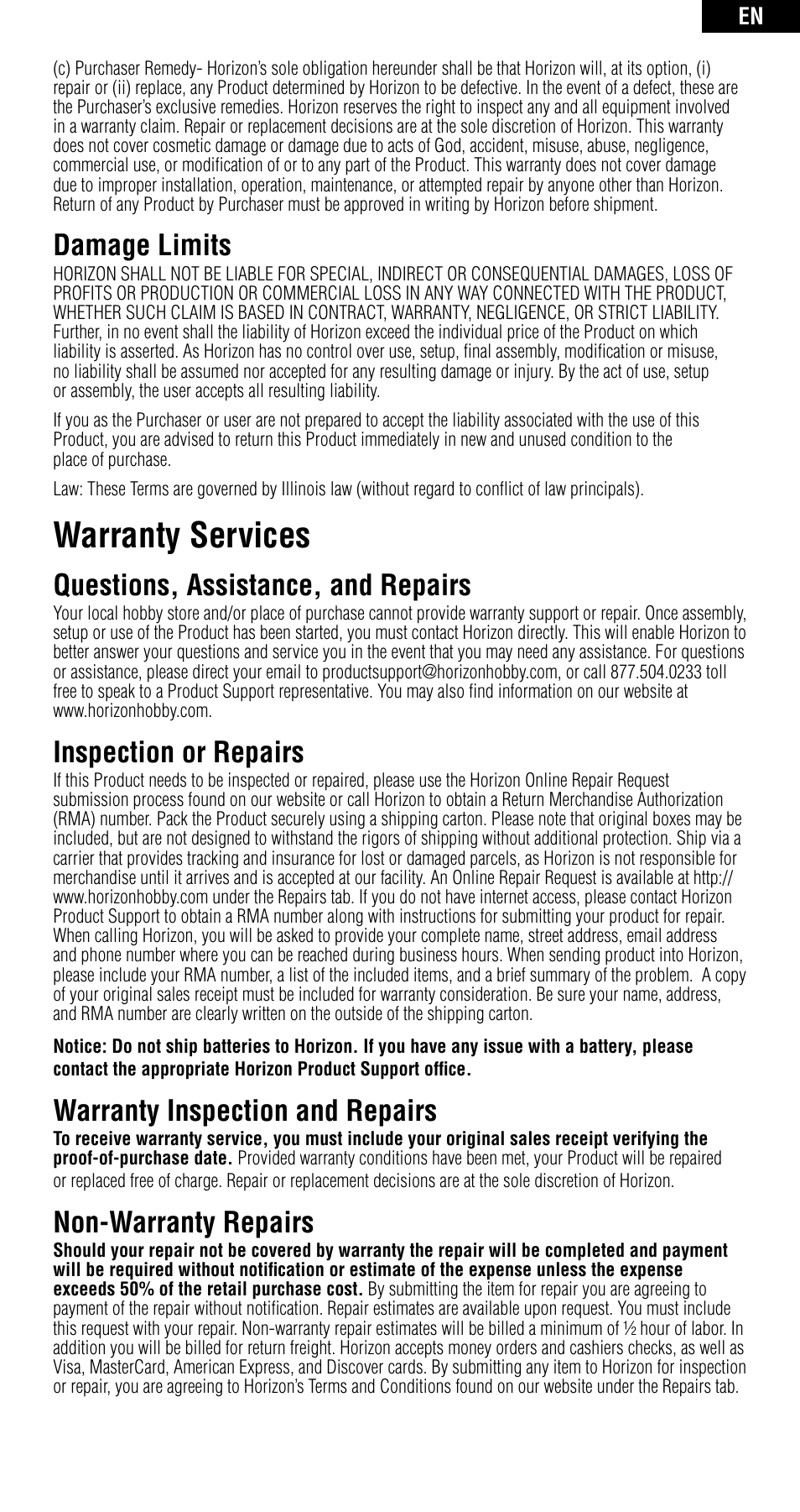 Warranty services, Damage limits, Questions, assistance, and repairs | Inspection or repairs, Warranty inspection and repairs, Non-warranty repairs | Spektrum SPMAR6115 User Manual | Page 9 / 40