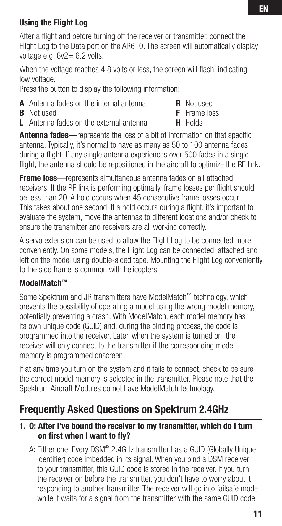 Frequently asked questions on spektrum 2.4ghz | Spektrum SPMAR610C User Manual | Page 11 / 17