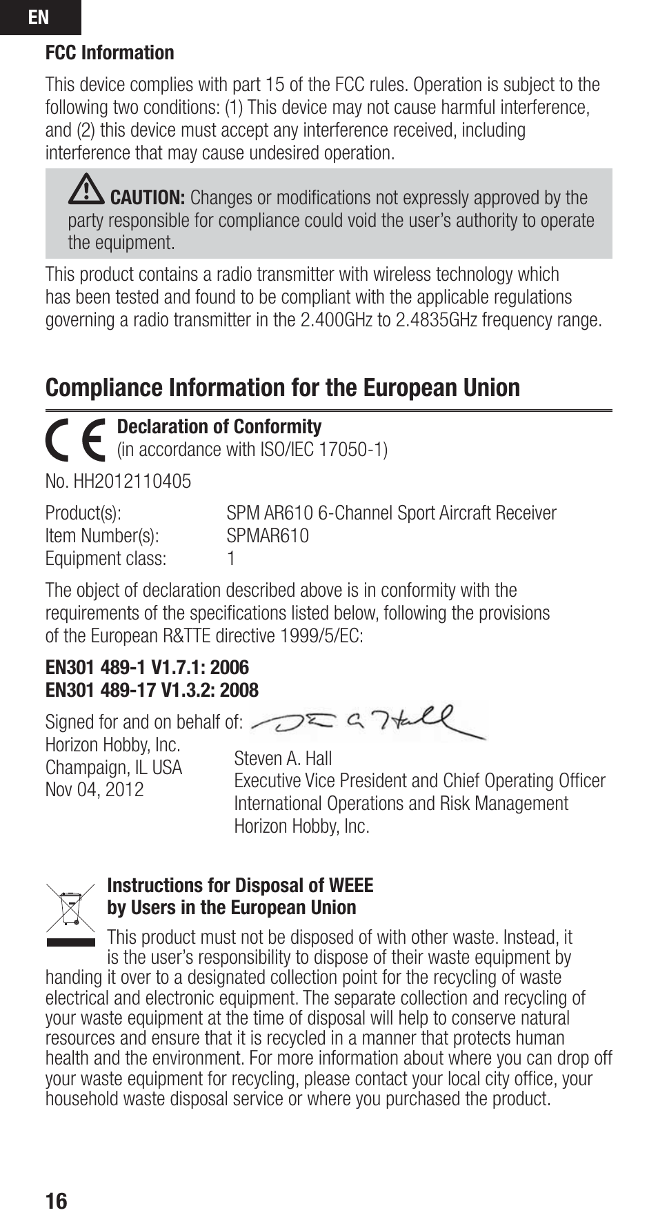 Compliance information for the european union | Spektrum SPMAR610C User Manual | Page 16 / 17