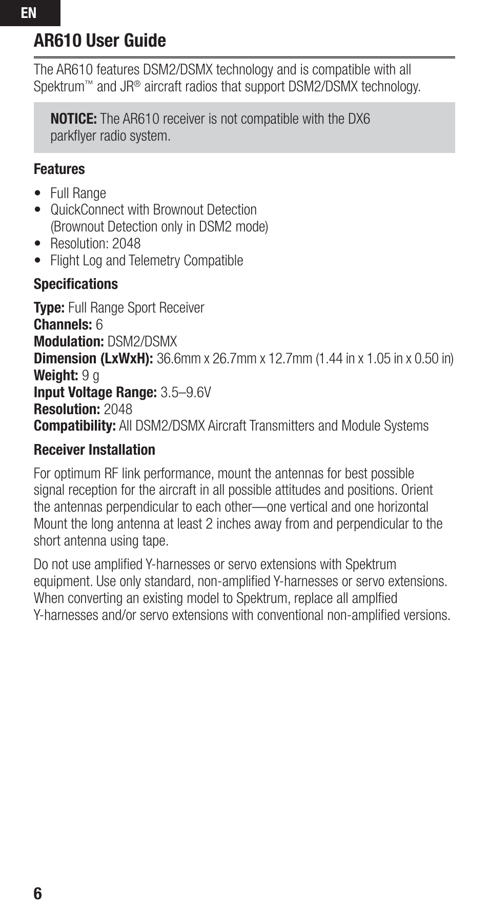 Ar610 user guide | Spektrum SPMAR610C User Manual | Page 6 / 17