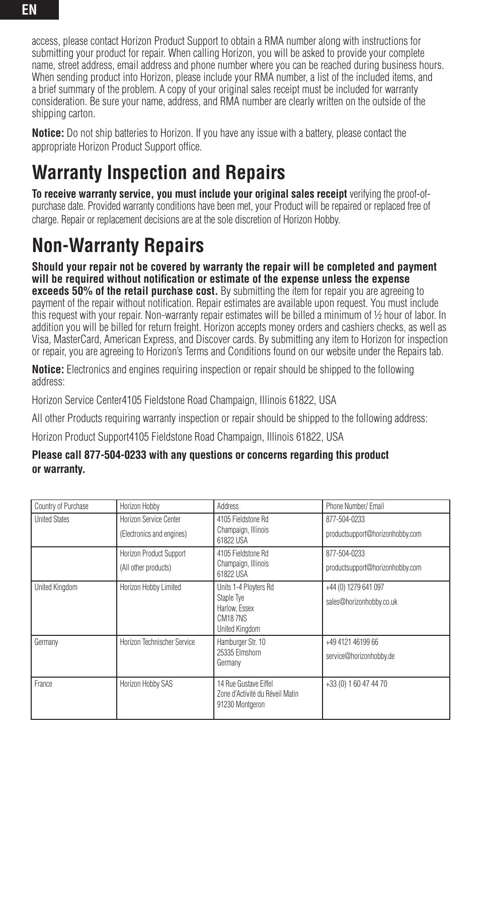 Warranty inspection and repairs, Non-warranty repairs | Spektrum SPMAR600 User Manual | Page 10 / 44