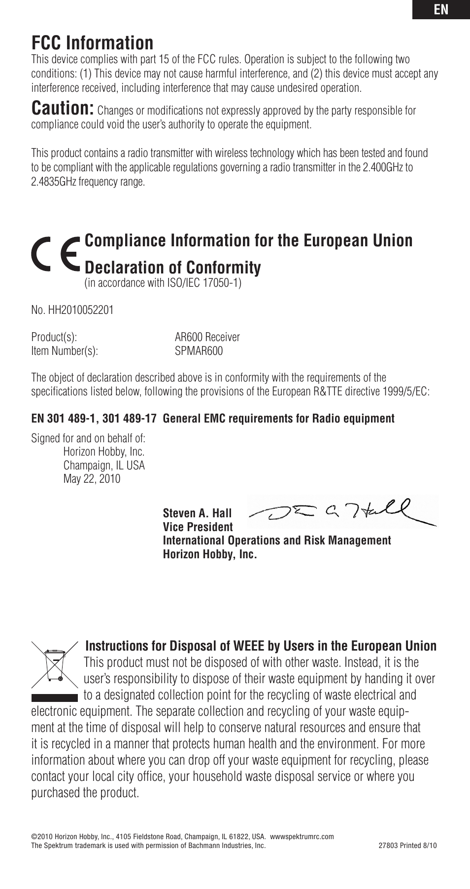 Fcc information, Caution | Spektrum SPMAR600 User Manual | Page 11 / 44