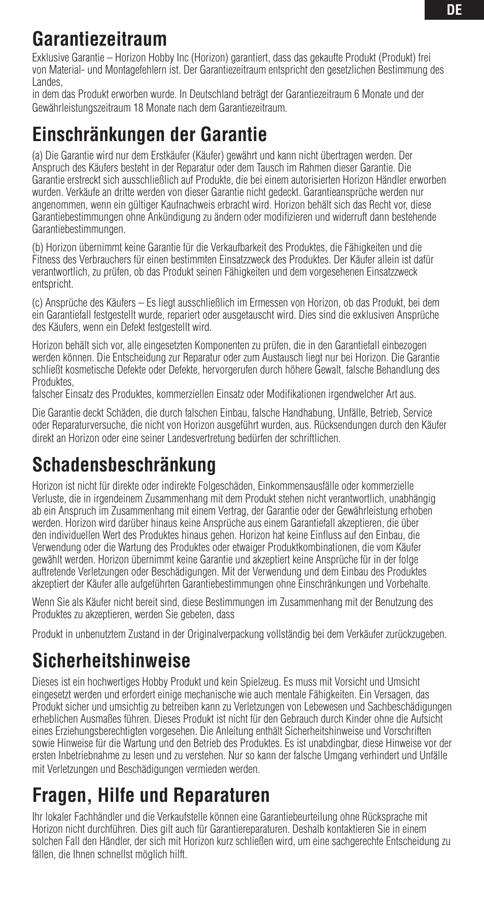 Garantiezeitraum, Einschränkungen der garantie, Schadensbeschränkung | Sicherheitshinweise, Fragen, hilfe und reparaturen | Spektrum SPMAR600 User Manual | Page 21 / 44