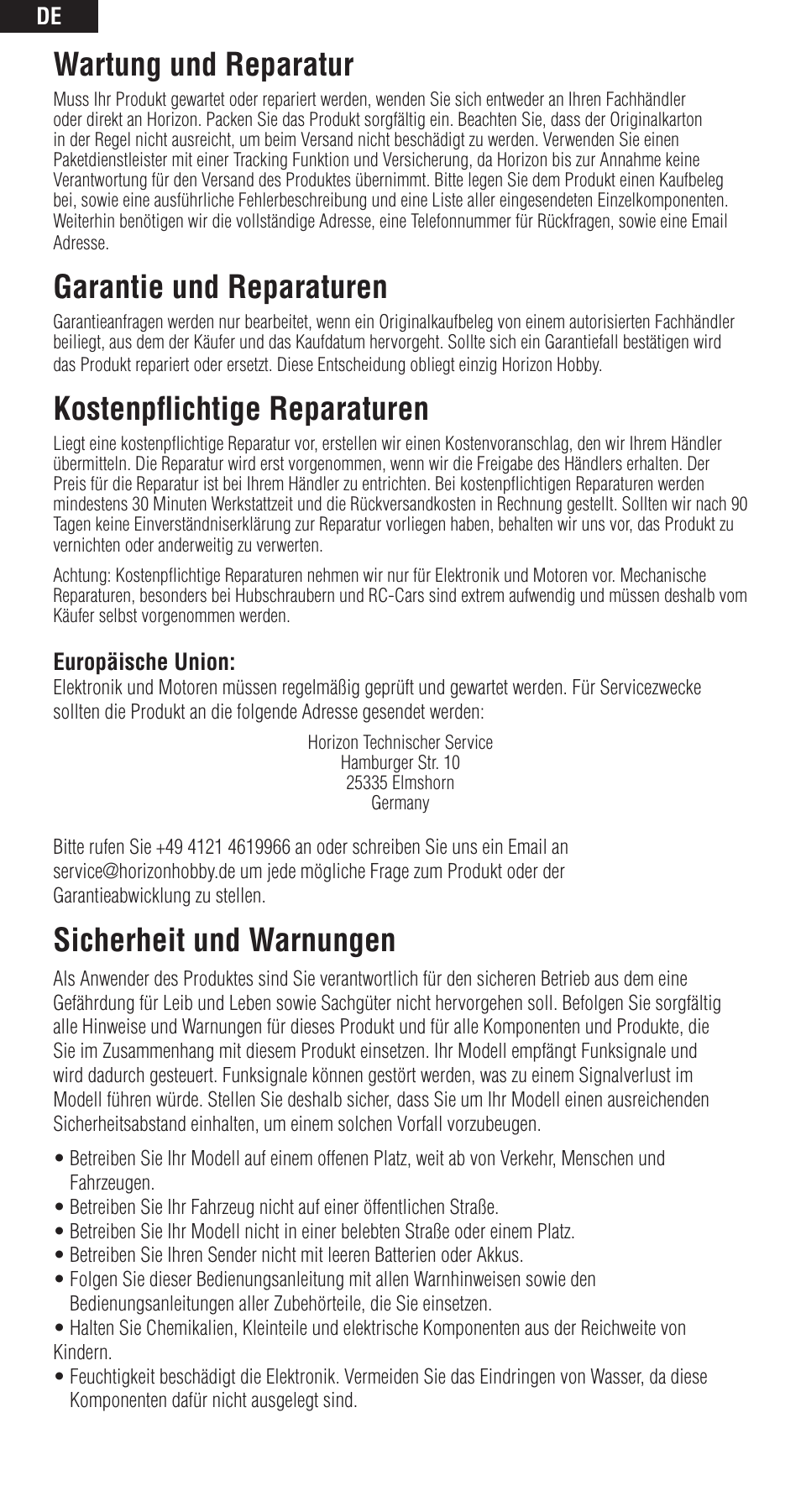 Wartung und reparatur, Garantie und reparaturen, Kostenpflichtige reparaturen | Sicherheit und warnungen | Spektrum SPMAR600 User Manual | Page 22 / 44