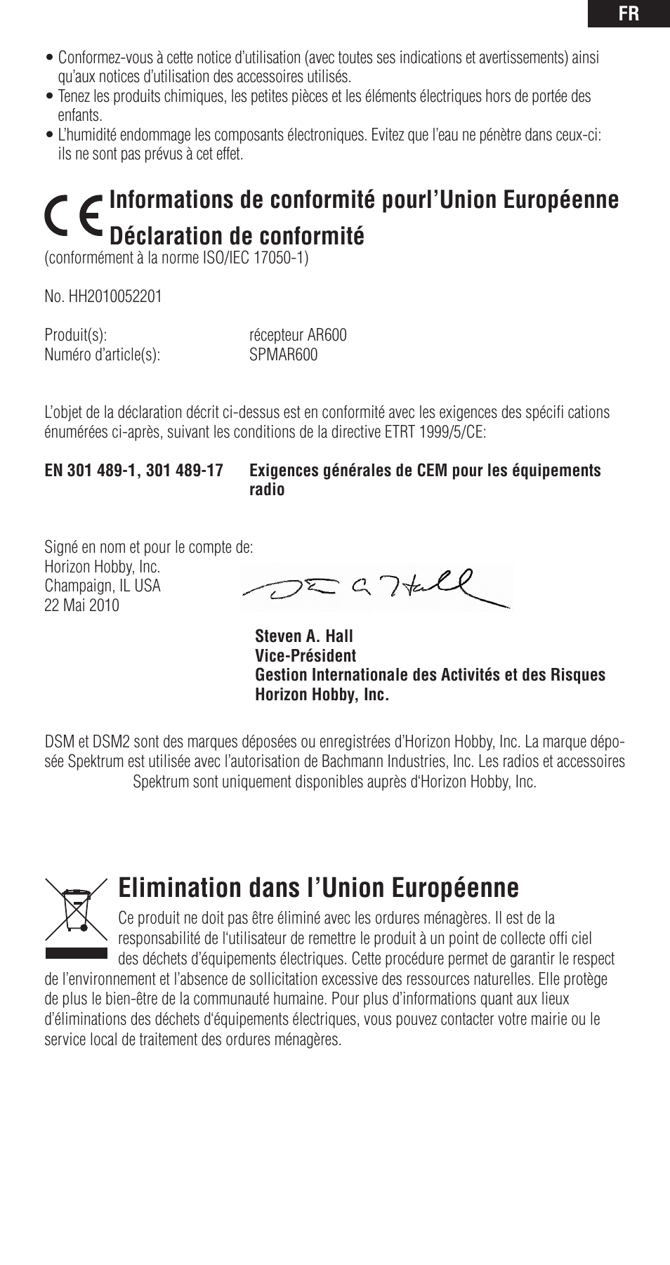 Elimination dans l’union européenne | Spektrum SPMAR600 User Manual | Page 33 / 44