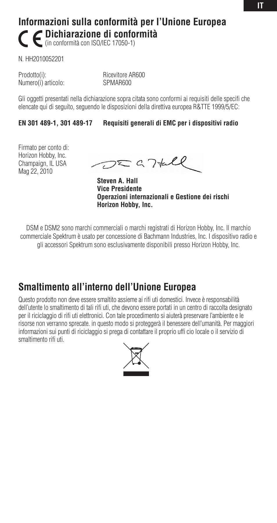 Smaltimento all’interno dell’unione europea | Spektrum SPMAR600 User Manual | Page 43 / 44