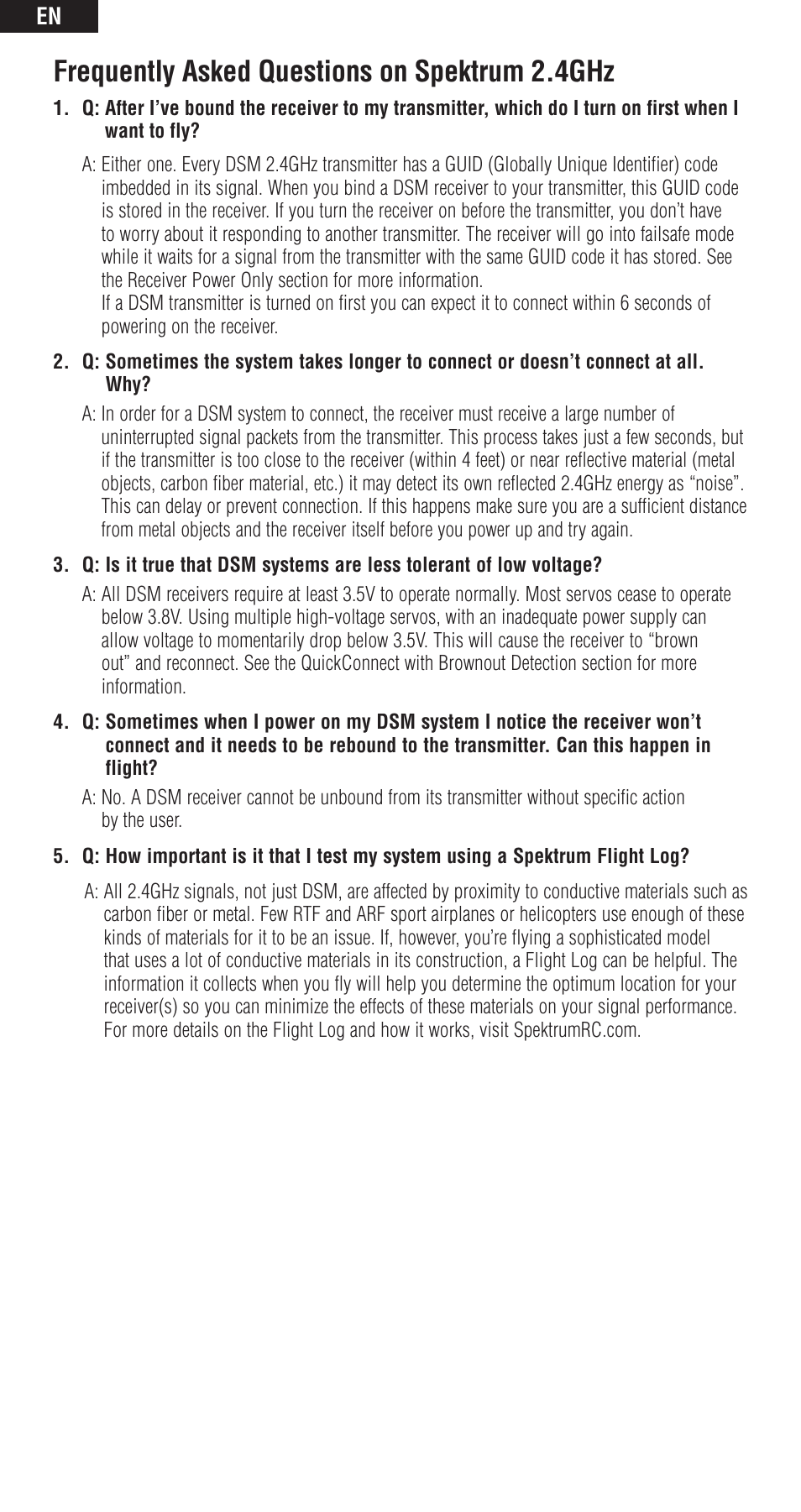 Frequently asked questions on spektrum 2.4ghz | Spektrum SPMAR600 User Manual | Page 8 / 44