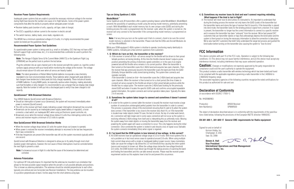 Fcc information, Caution, Declaration of conformity | Spektrum SPMAR500 User Manual | Page 2 / 2