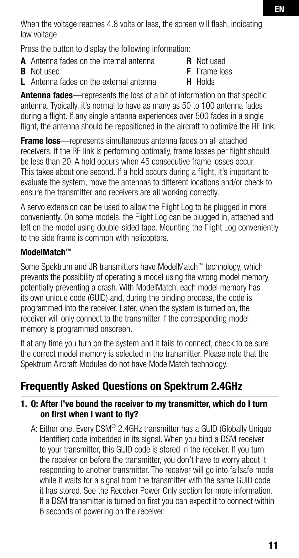 Frequently asked questions on spektrum 2.4ghz | Spektrum SPMAR400 User Manual | Page 11 / 64
