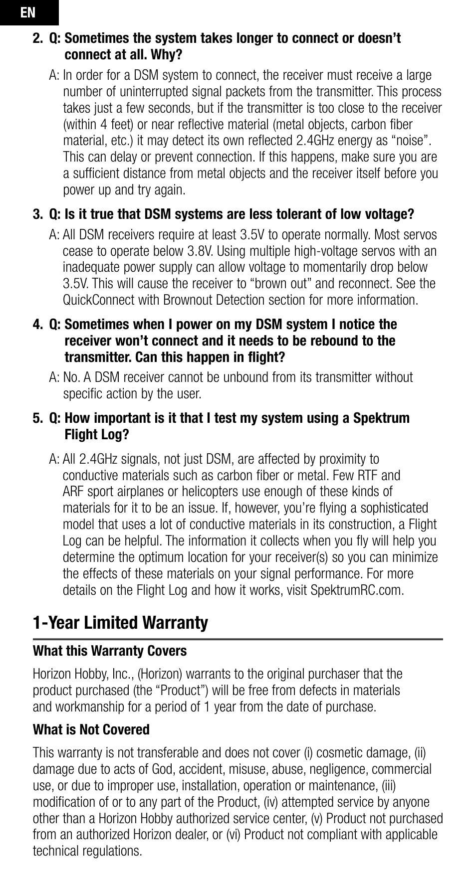 Year limited warranty | Spektrum SPMAR400 User Manual | Page 12 / 64