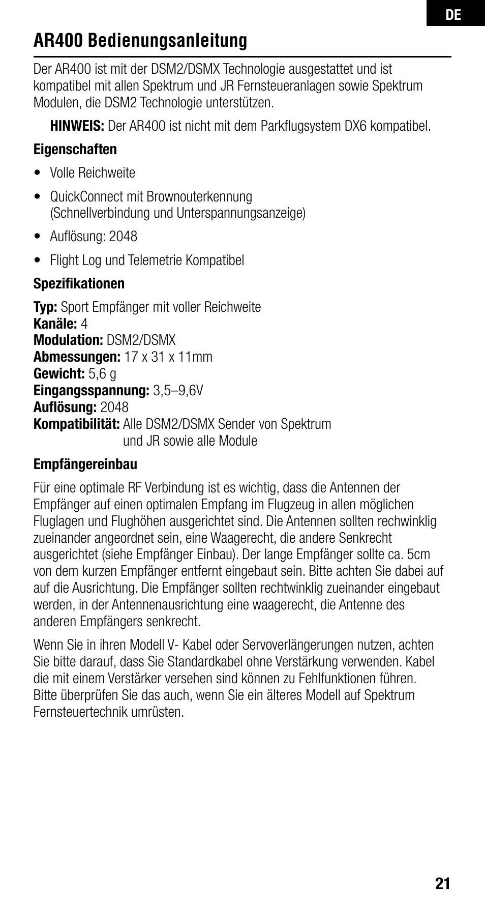 Ar400 bedienungsanleitung | Spektrum SPMAR400 User Manual | Page 21 / 64