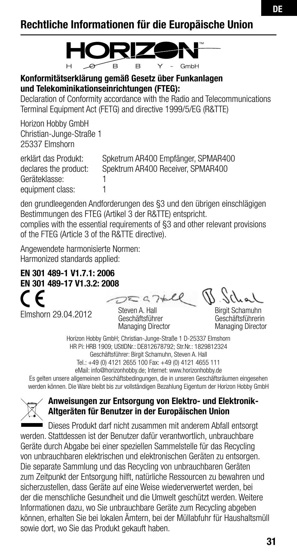 Rechtliche informationen für die europäische union | Spektrum SPMAR400 User Manual | Page 31 / 64