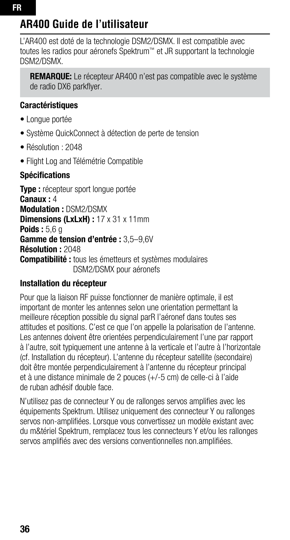 Ar400 guide de l’utilisateur | Spektrum SPMAR400 User Manual | Page 36 / 64