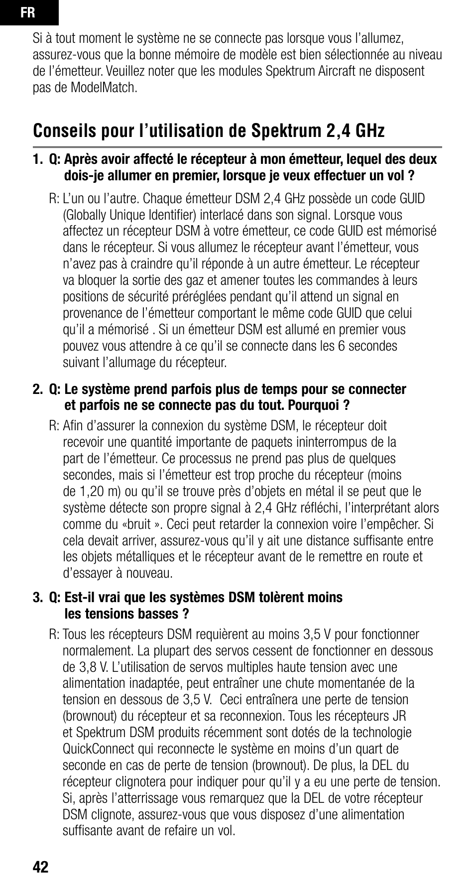Conseils pour l’utilisation de spektrum 2,4 ghz | Spektrum SPMAR400 User Manual | Page 42 / 64