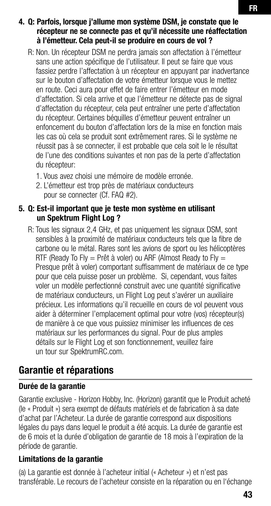 Garantie et réparations | Spektrum SPMAR400 User Manual | Page 43 / 64