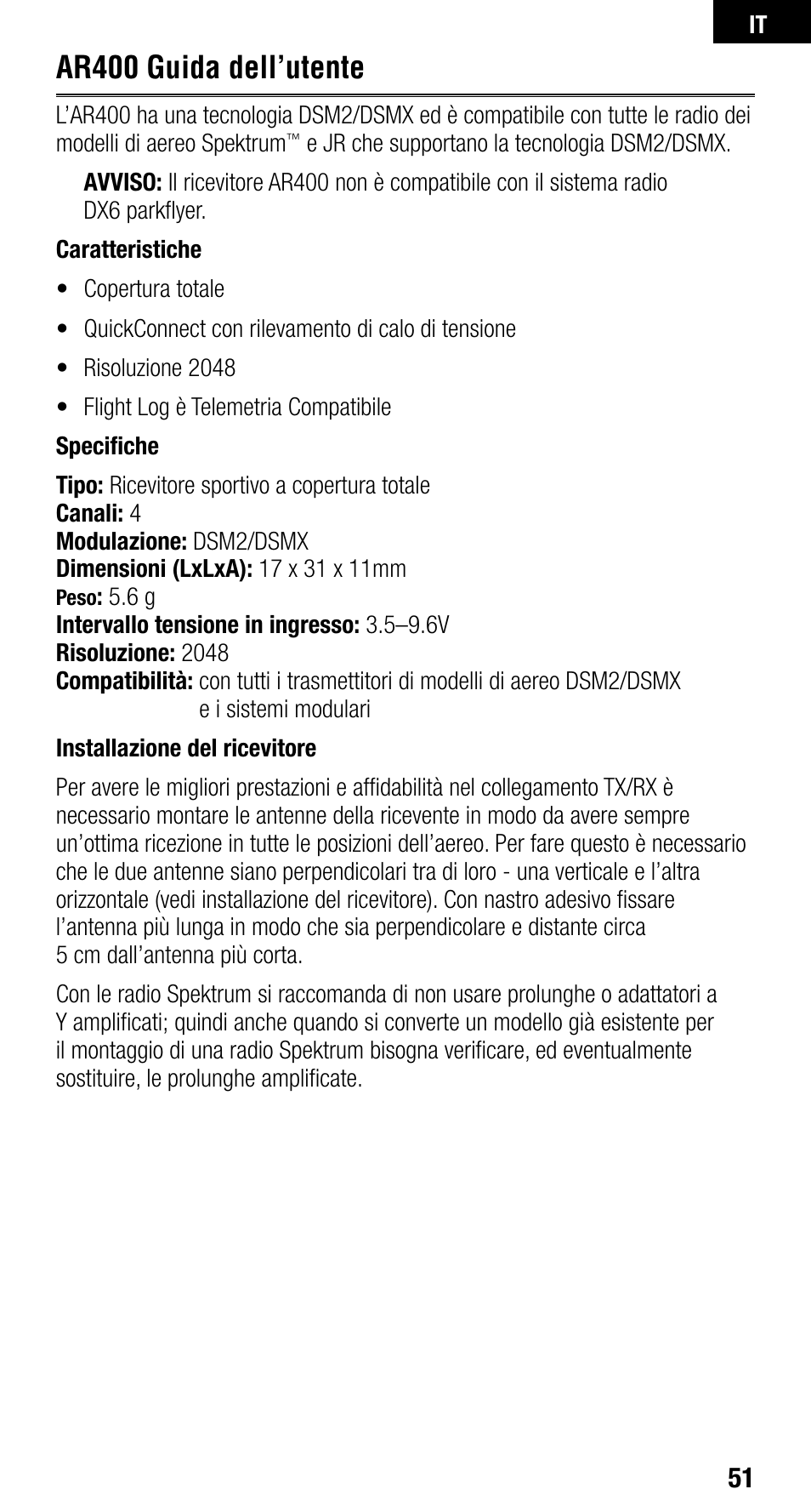 Ar400 guida dell’utente | Spektrum SPMAR400 User Manual | Page 51 / 64