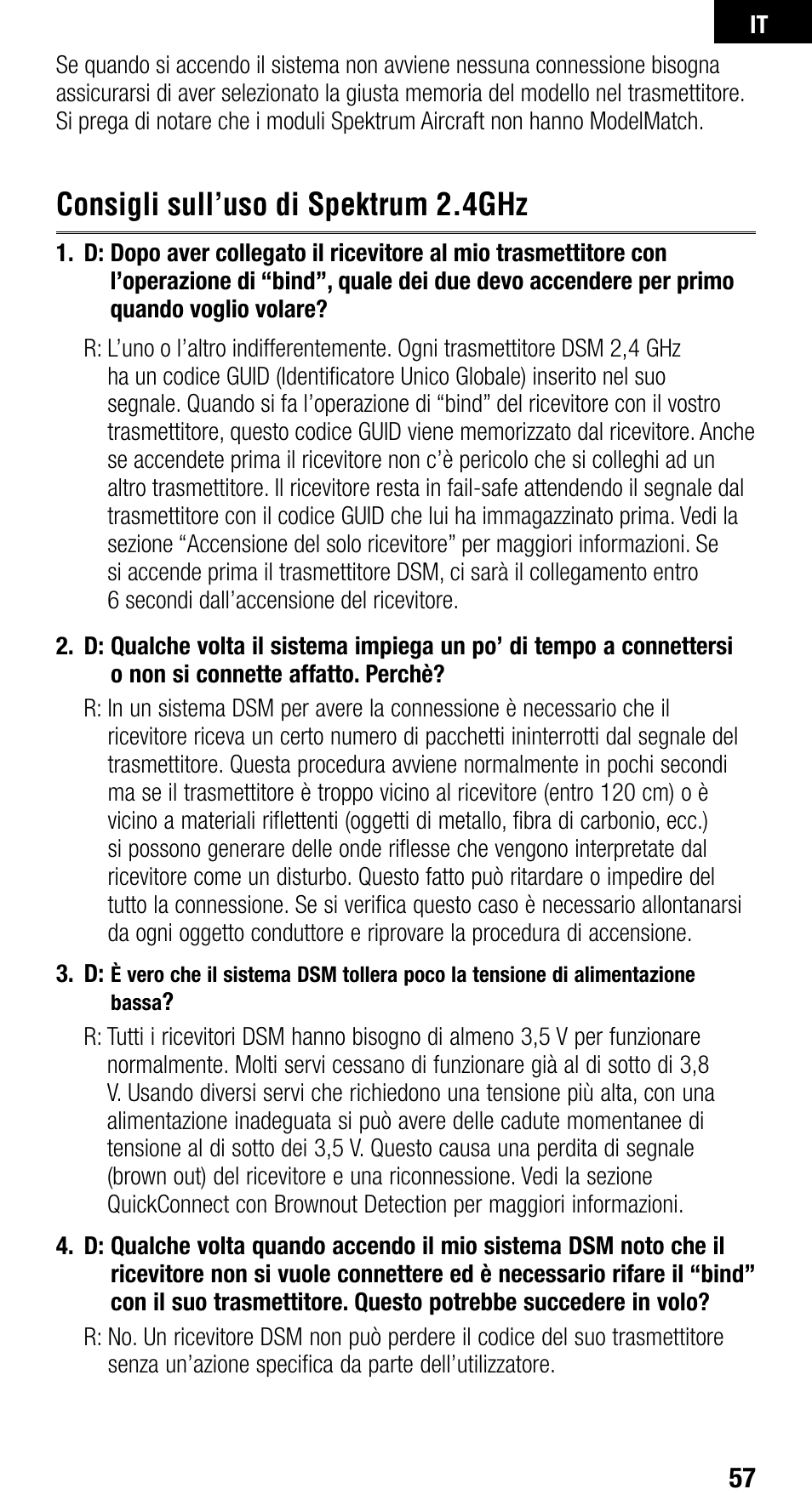 Consigli sull’uso di spektrum 2.4ghz | Spektrum SPMAR400 User Manual | Page 57 / 64