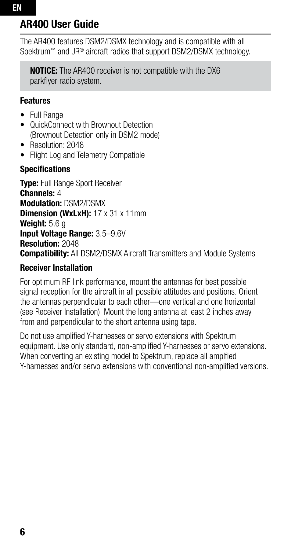 Ar400 user guide | Spektrum SPMAR400 User Manual | Page 6 / 64