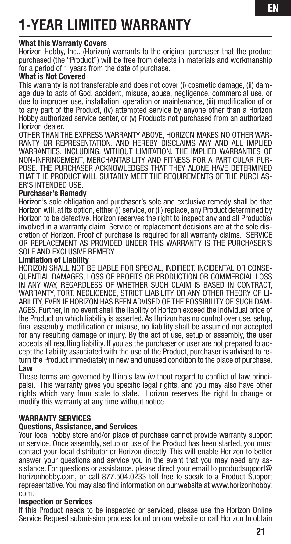 Year limited warranty | Spektrum SPMAR12200 User Manual | Page 21 / 25