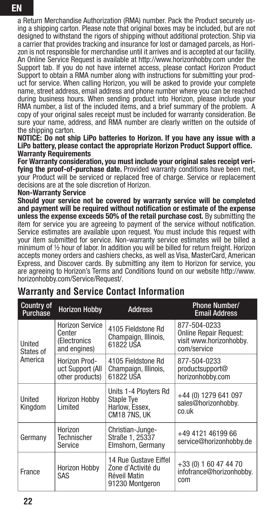 Warranty and service contact information | Spektrum SPMAR12200 User Manual | Page 22 / 25