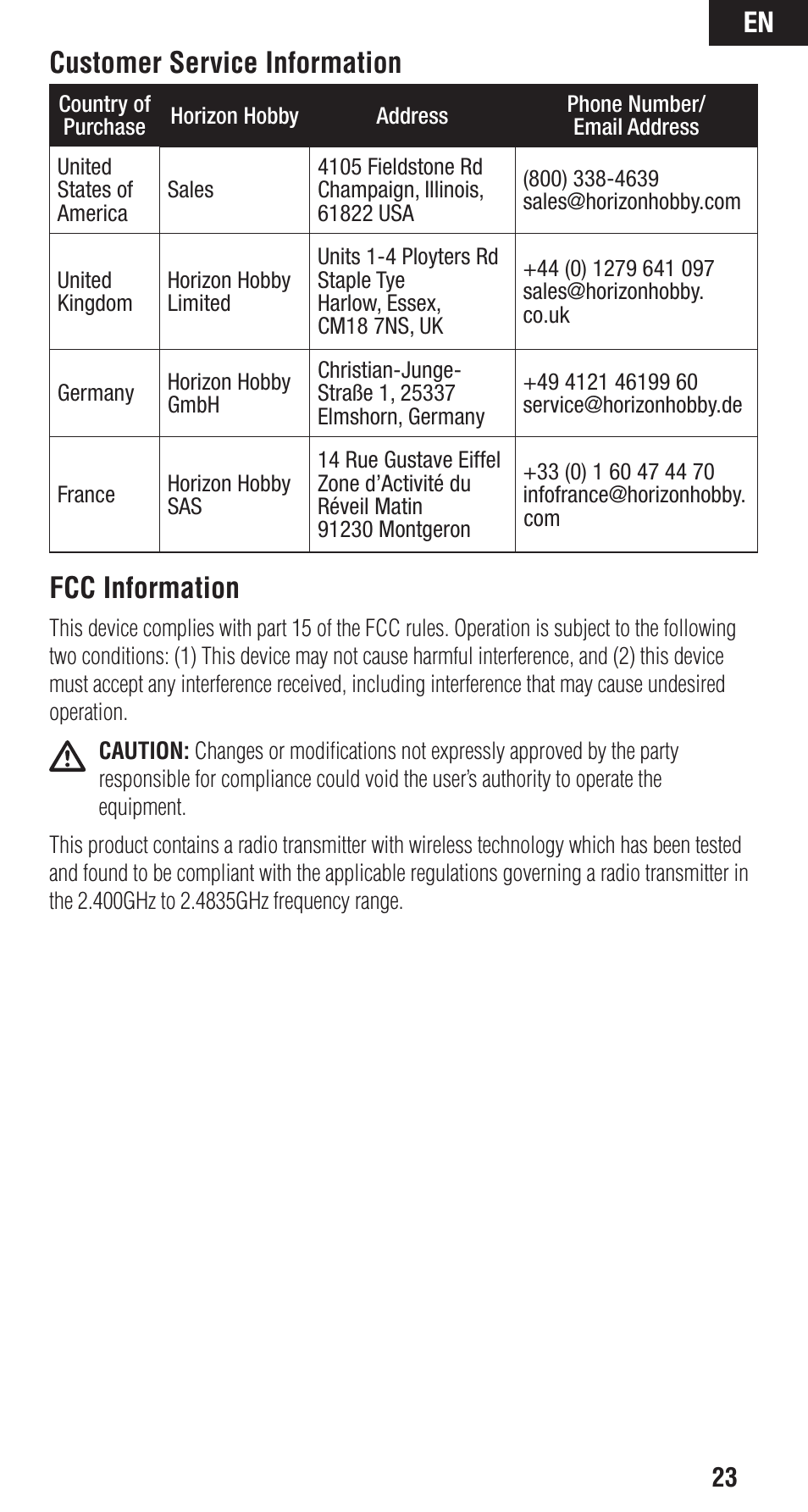 Fcc information, Customer service information | Spektrum SPMAR12200 User Manual | Page 23 / 25