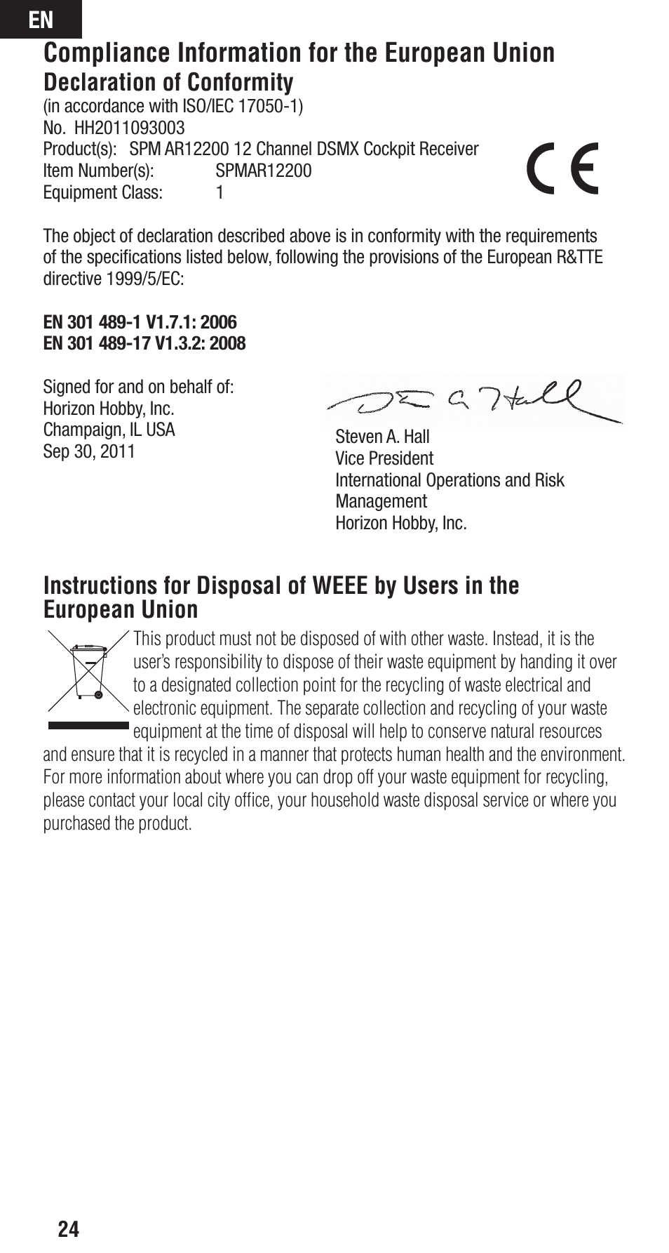 Compliance information for the european union, Declaration of conformity | Spektrum SPMAR12200 User Manual | Page 24 / 25