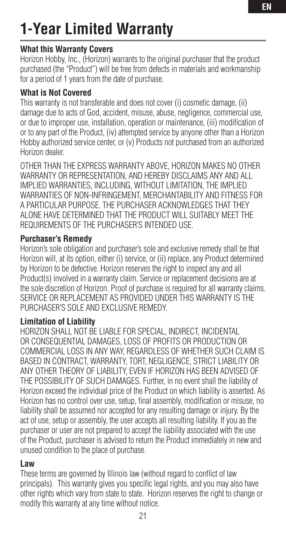 Year limited warranty | Spektrum SPMAR12120 User Manual | Page 21 / 92