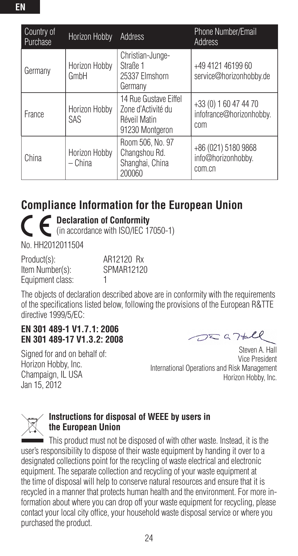 Compliance information for the european union | Spektrum SPMAR12120 User Manual | Page 24 / 92